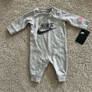Baby girl gray Nike sweatshirt romper. Nike one piece outfit